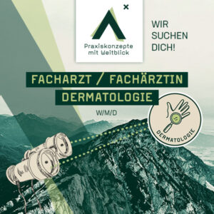 Fernglas zeigt auf Dermatologie Button. Berge im Hintergrund