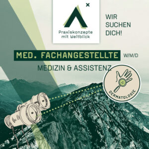 Fernglas zeigt auf Dermatologie Button. Berge im Hintergrund