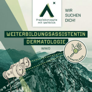 Fernglas zeigt auf Dermatologie Button. Berge im Hintergrund