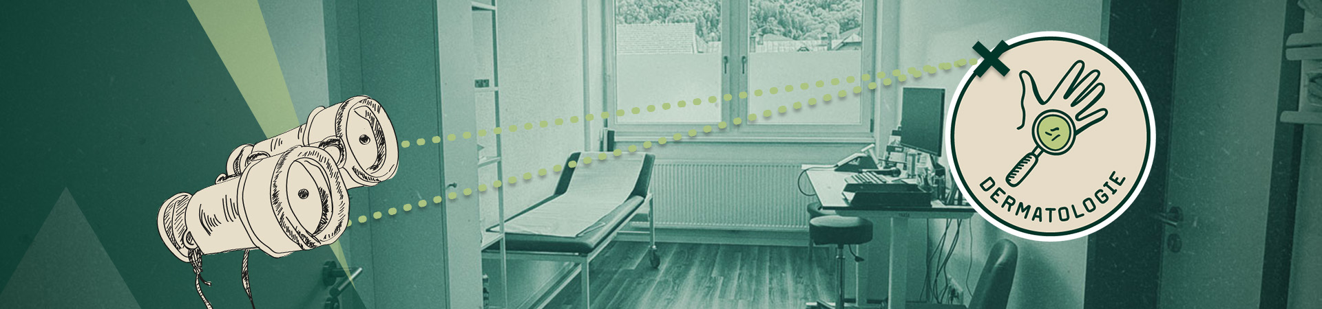 Fernglas zeigt auf Dermatologie Button, im Hintergrund ein Behandlungszimmer