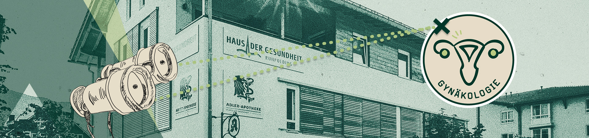 Header Fernglas zeigt auf Gynäkologie Button, Hintergrund Haus