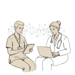 Illustration von Pfleger und Ärztin kommunzieren digital.
