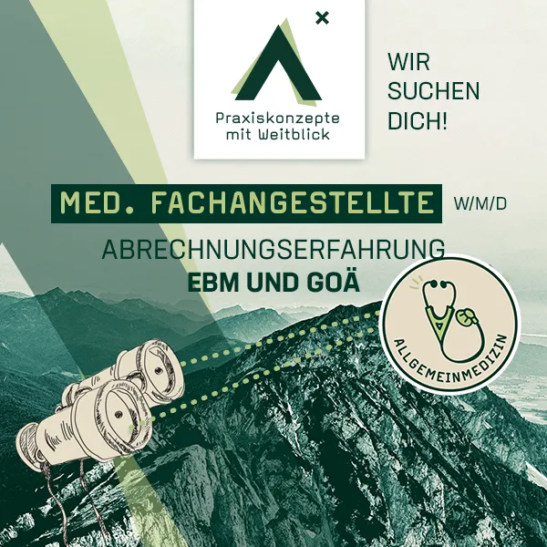 Fernglas zeigt auf Allgemeinmedizin Button. Berge im Hintergrund.
