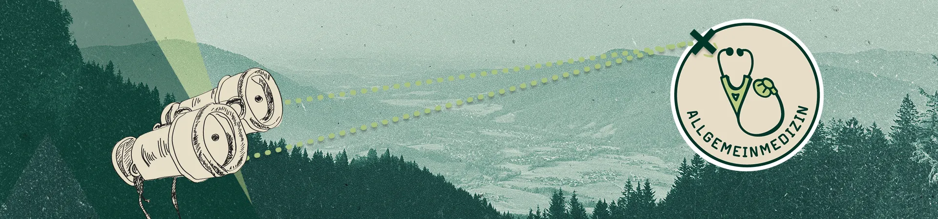 Fernglas zeigt auf Button Allgmeinmedizin. Chiemgau Landschaft im Hintergrund.
