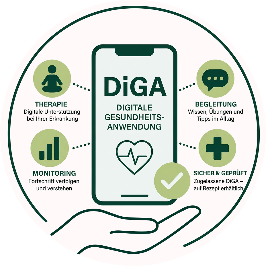 DiGA, Digitale Gesundheitsversorgung beinhaltet Begleitung über Wissen Übungen und Tipps im Alltag, Applikation ist sicher geprüft, Monitoring über dein Fortschritt, Therapie durch digitale Unterstützung bei deiner Erkrankung